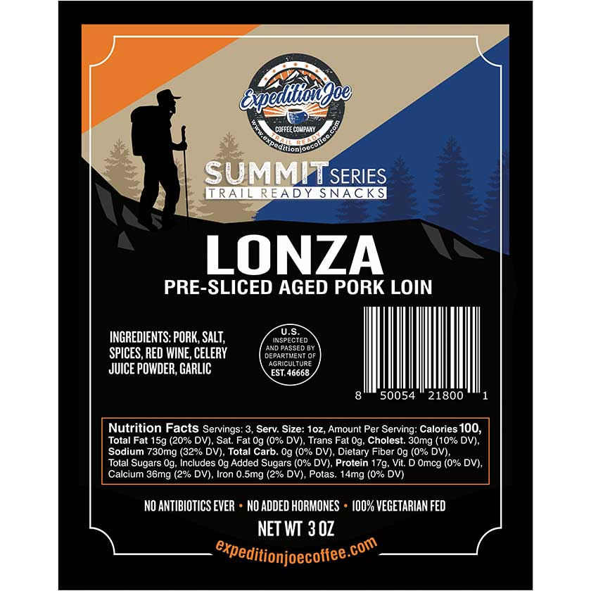 Our Lonza (cured pork loin) is a traditional aged pork tenderloin, seasoned with salt, spices, red wine, celery juice powder and garlic. A perfect grab and go snack, Expedition Joe Coffee's pre-sliced Lonza provides a whopping 17 grams of protein per 1 oz. serving.