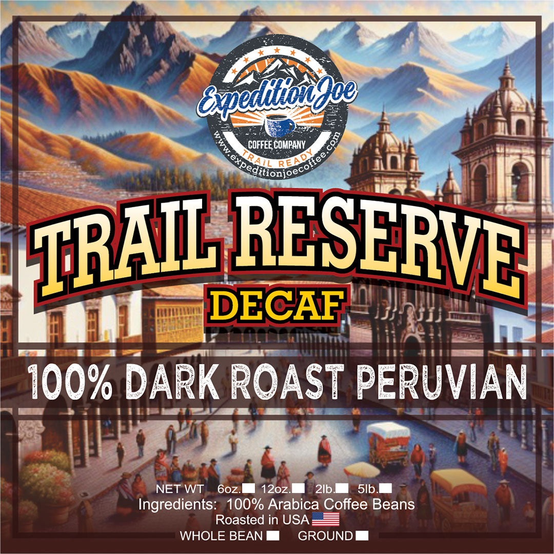 Trail Reserve Decaf from Expedition Joe Coffee is a 100% Peruvian, dark roast coffee. This is the new label design.