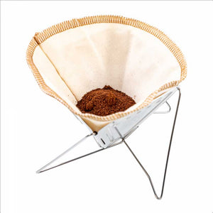 To reduce the single-use waste of paper coffee filters, the BruTrek Pour Over Coffee Maker comes with a CoffeeSock – a reusable, organic cotton filter.