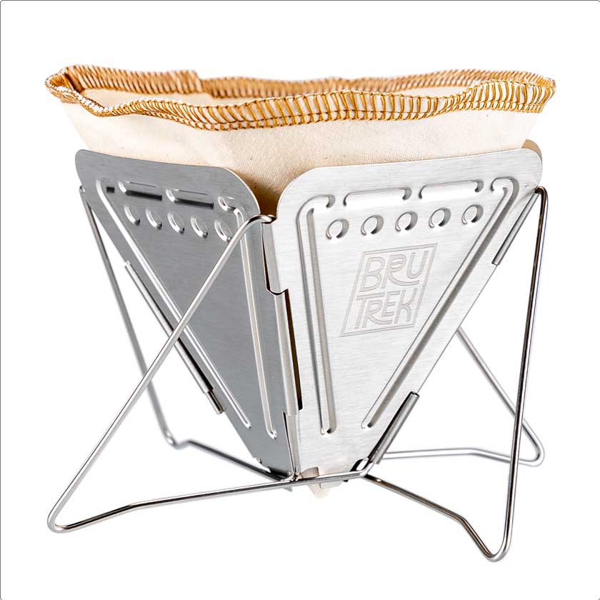 The BruTrek Pour Over coffee maker features a stainless steel, compact, collapsible design in order to pack flat