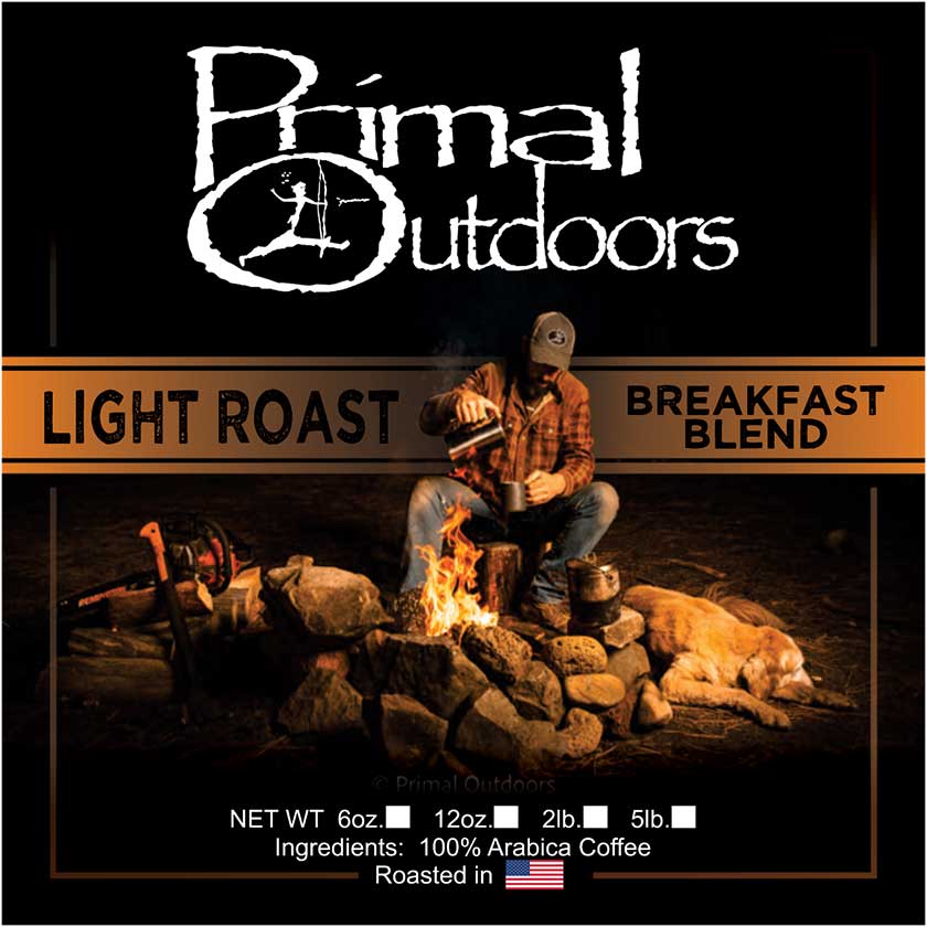 Primal Outdoors Breakfast Blend is a light roast profile that is sure to please the palate. It is laid back in nature and presents a smooth blend of Honduran, Peruvian and Columbian recipe.